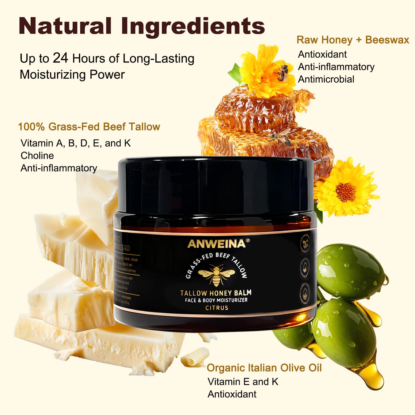 Eqimznv Beef Tallow Balm honey swirl highlights nourishing formula with wild honey.