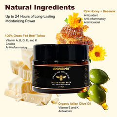 Eqimznv Beef Tallow Balm honey swirl highlights nourishing formula with wild honey.