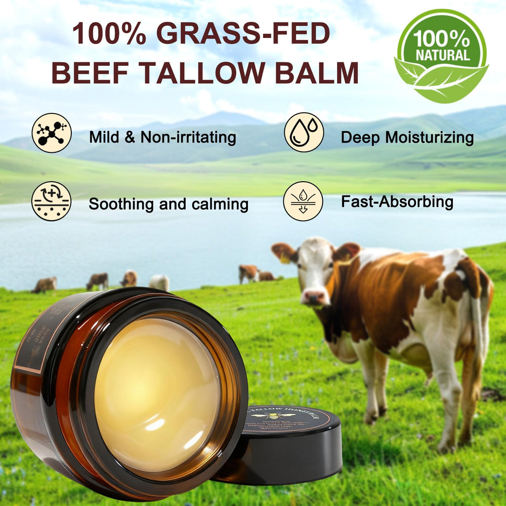 Eqimznv Beef Tallow Balm jar closeup reveals rich texture and natural ingredients.