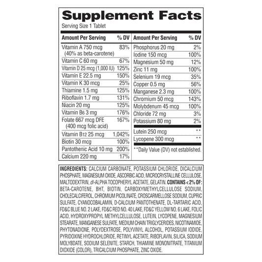 Equate 50+ multivitamin bottle close-up with 220-count packaging