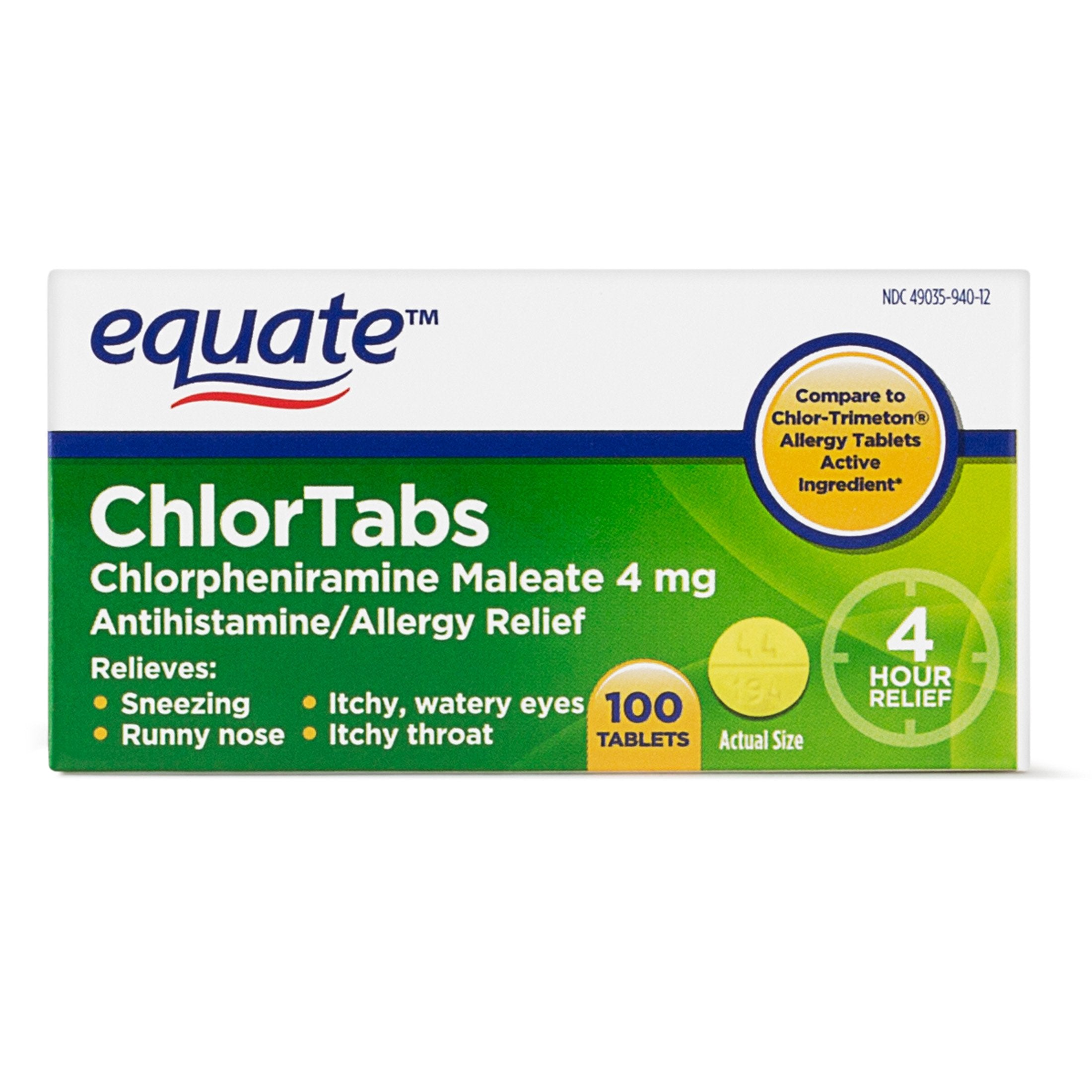 Equate Chlortabs 100-count tablet pack for on-the-go allergy relief.