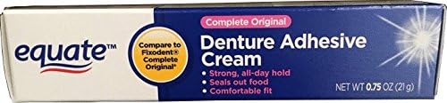 Close-up of Equate Denture Adhesive Cream packaging 0.75 oz