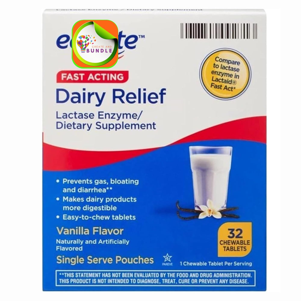 Equate fast-acting dairy relief chewables vanilla flavor 32-count pack1 hero shot