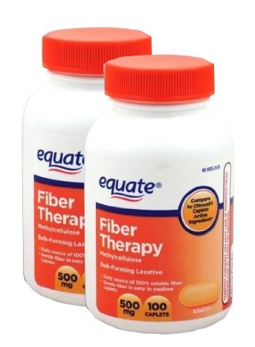 Equate Fiber Therapy 500mg packaging with two 100-count bottles