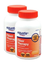 Equate Fiber Therapy 500mg packaging with two 100-count bottles