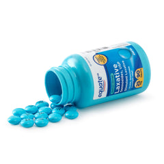 Equate Maximum Strength Laxative tablets closeup, 25 mg dosage for convenient use.