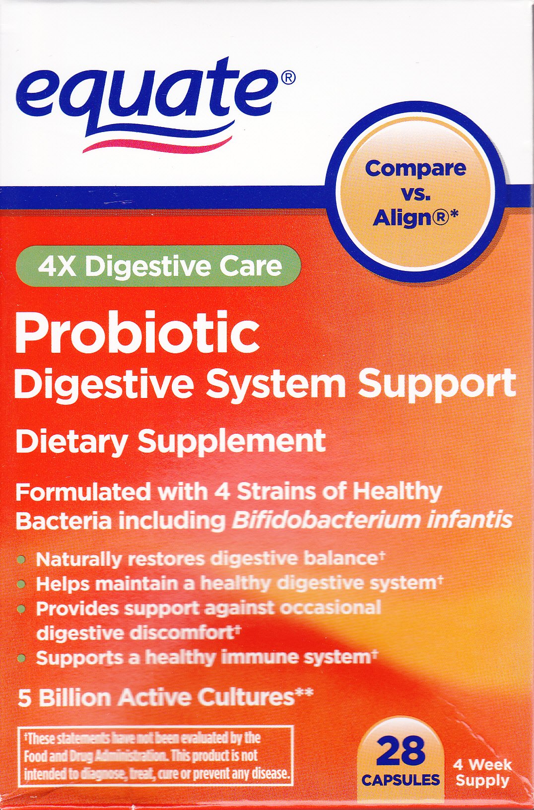 Equate Probiotic - Digestive System Support, 28 Capsules – Compare vs Align