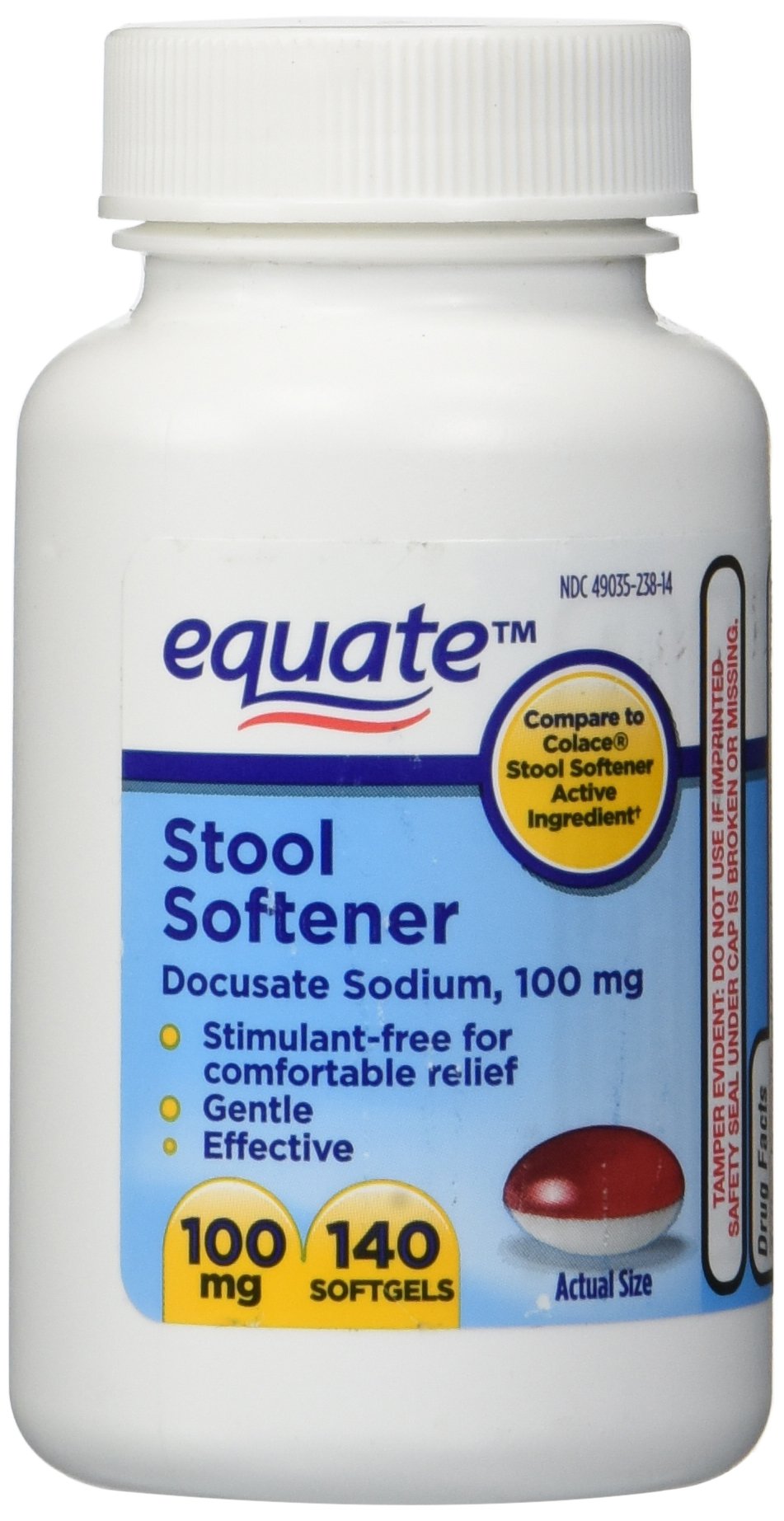 Equate stool softener bottle front for gentle relief