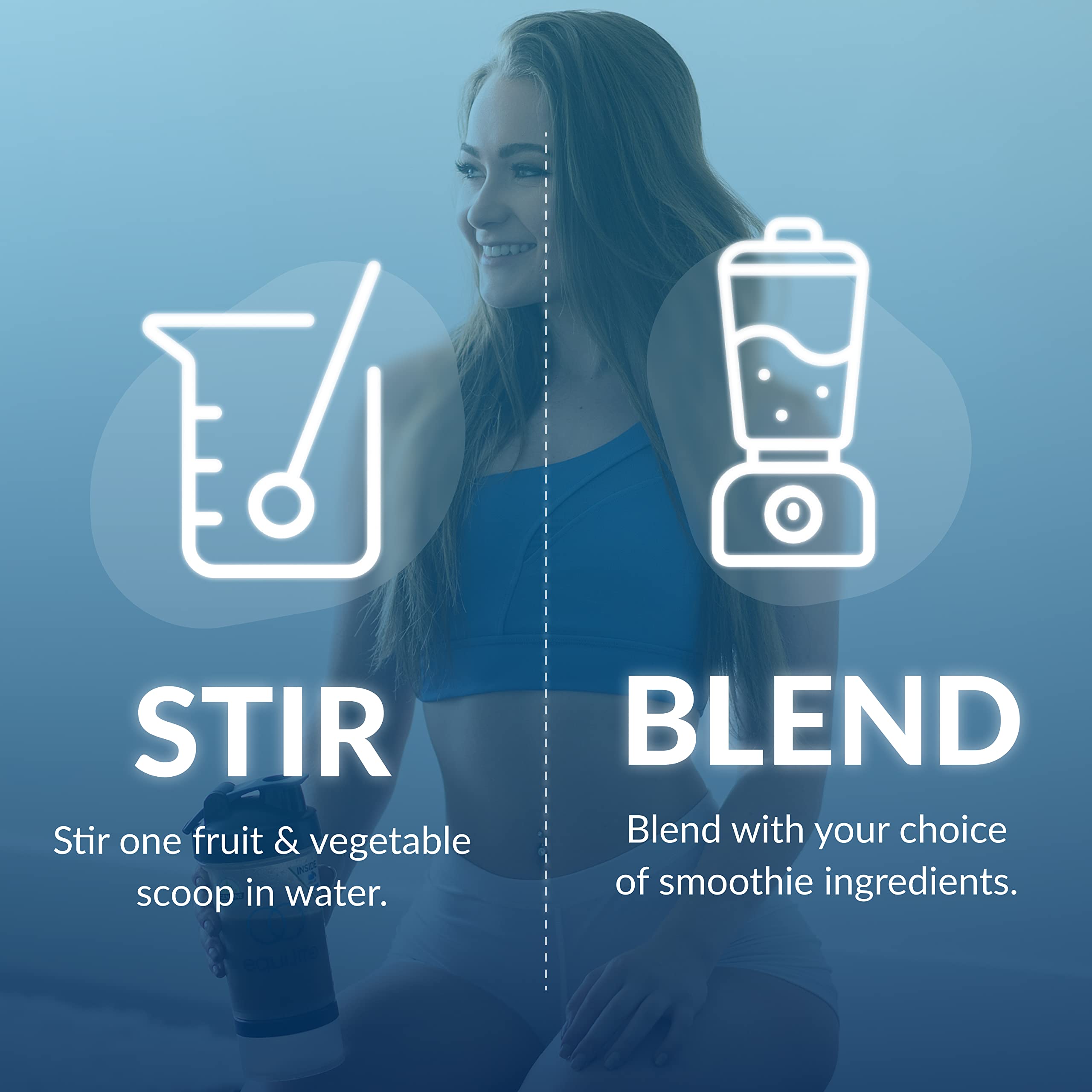 Stirring Equilife Daily Fruit & Vegetable Blend into a glass