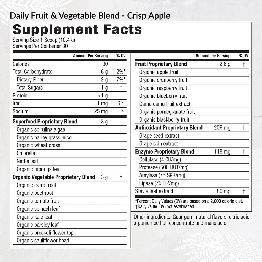Ingredients featuring 22 superfoods in Equilife Daily Fruit & Vegetable Blend
