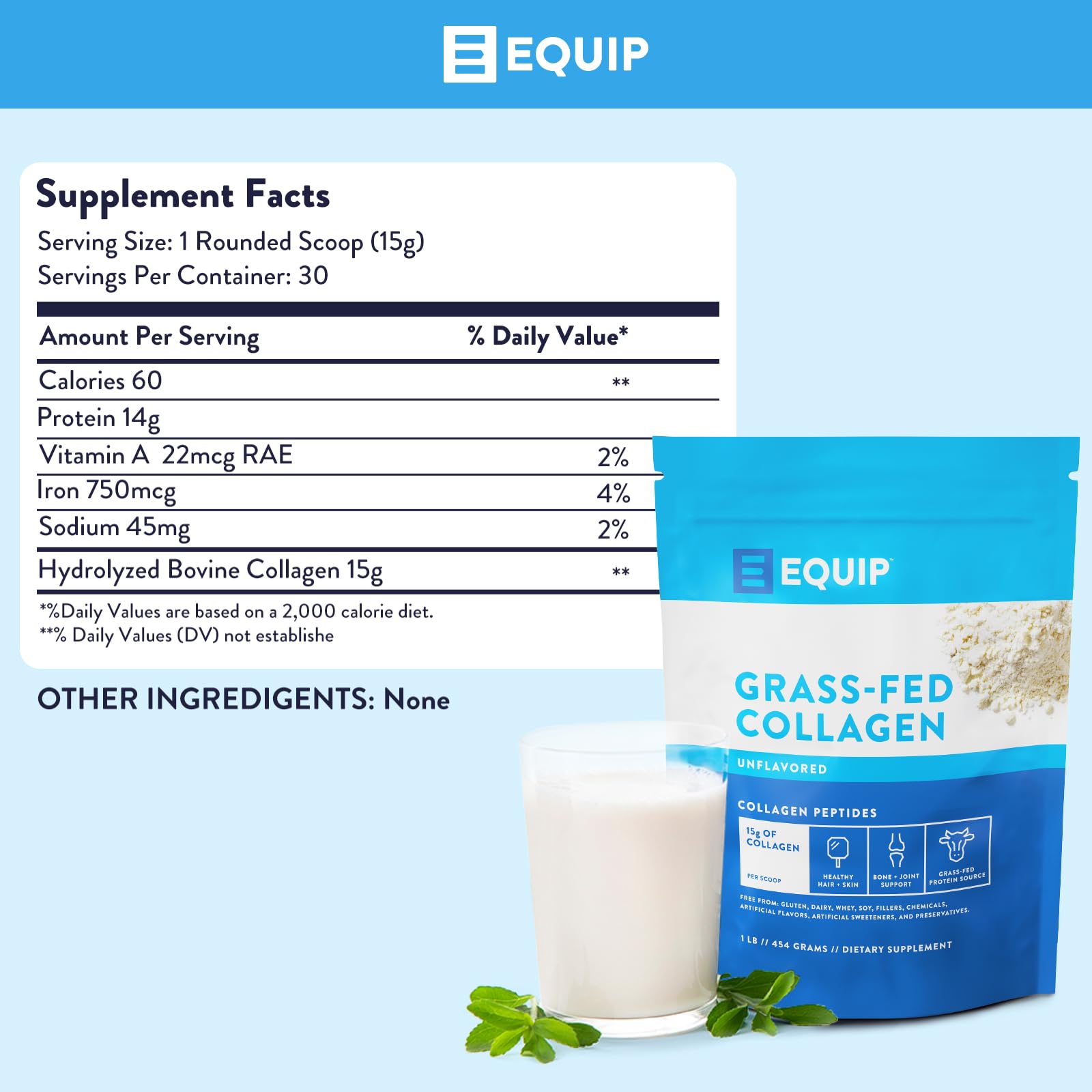 Nutrition facts label for Equip Foods Grass Fed Collagen Powder