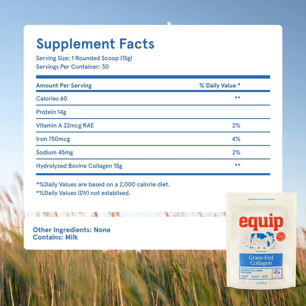 Equip Foods non-GMO collagen powder bottle close-up highlights quality