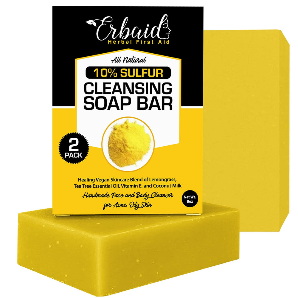 Erbaid 10% sulfur soap packaging highlights natural formula for clearer skin