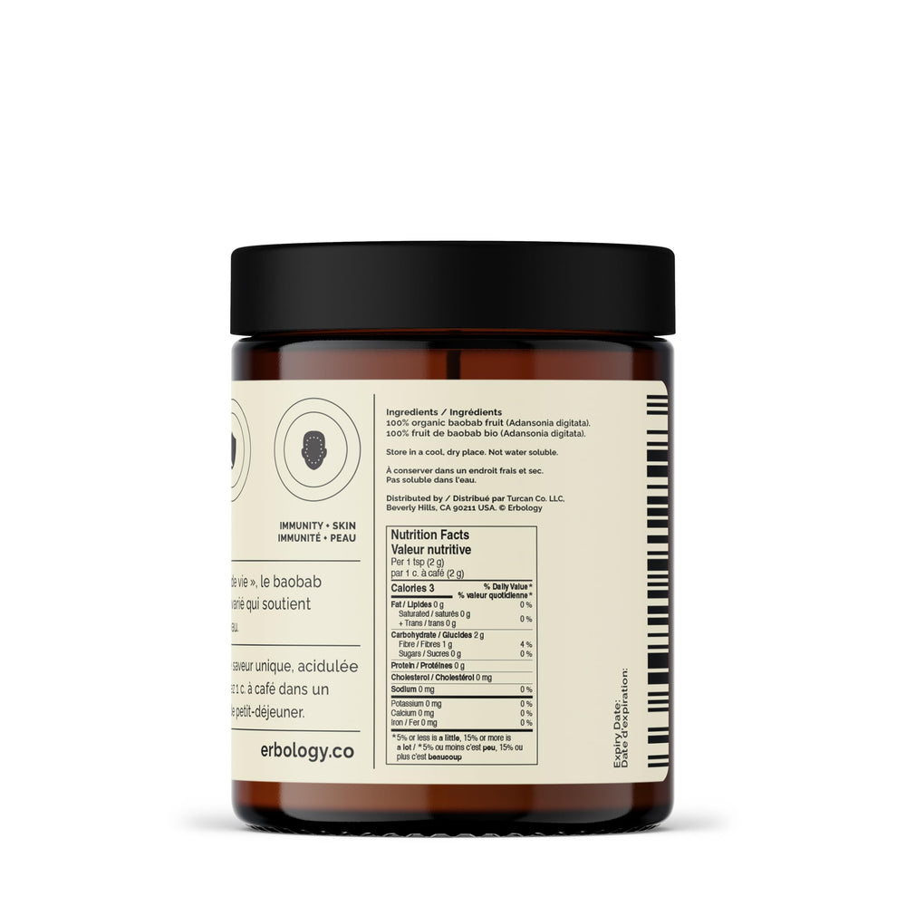 Baobab powder with packaging and label