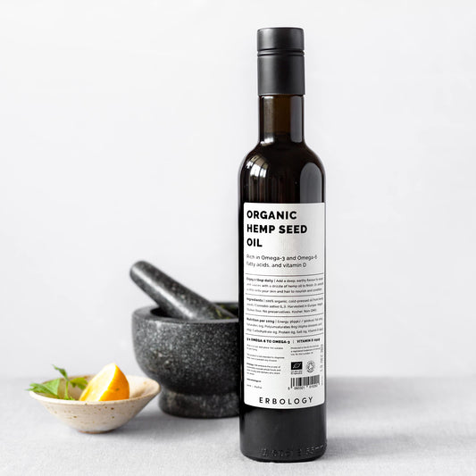 Hemp seed oil bottle with Erbology label