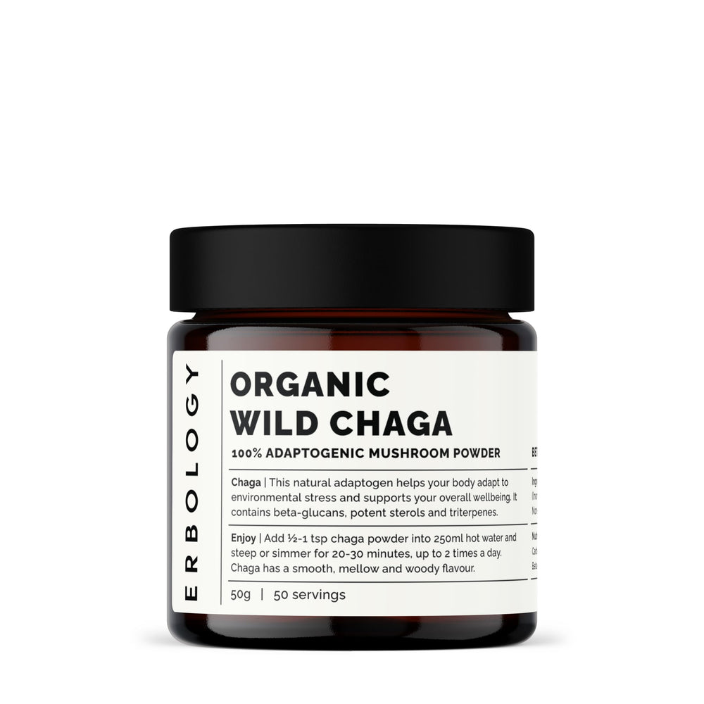 Erbology Organic Chaga Mushroom Powder in amber glass jar