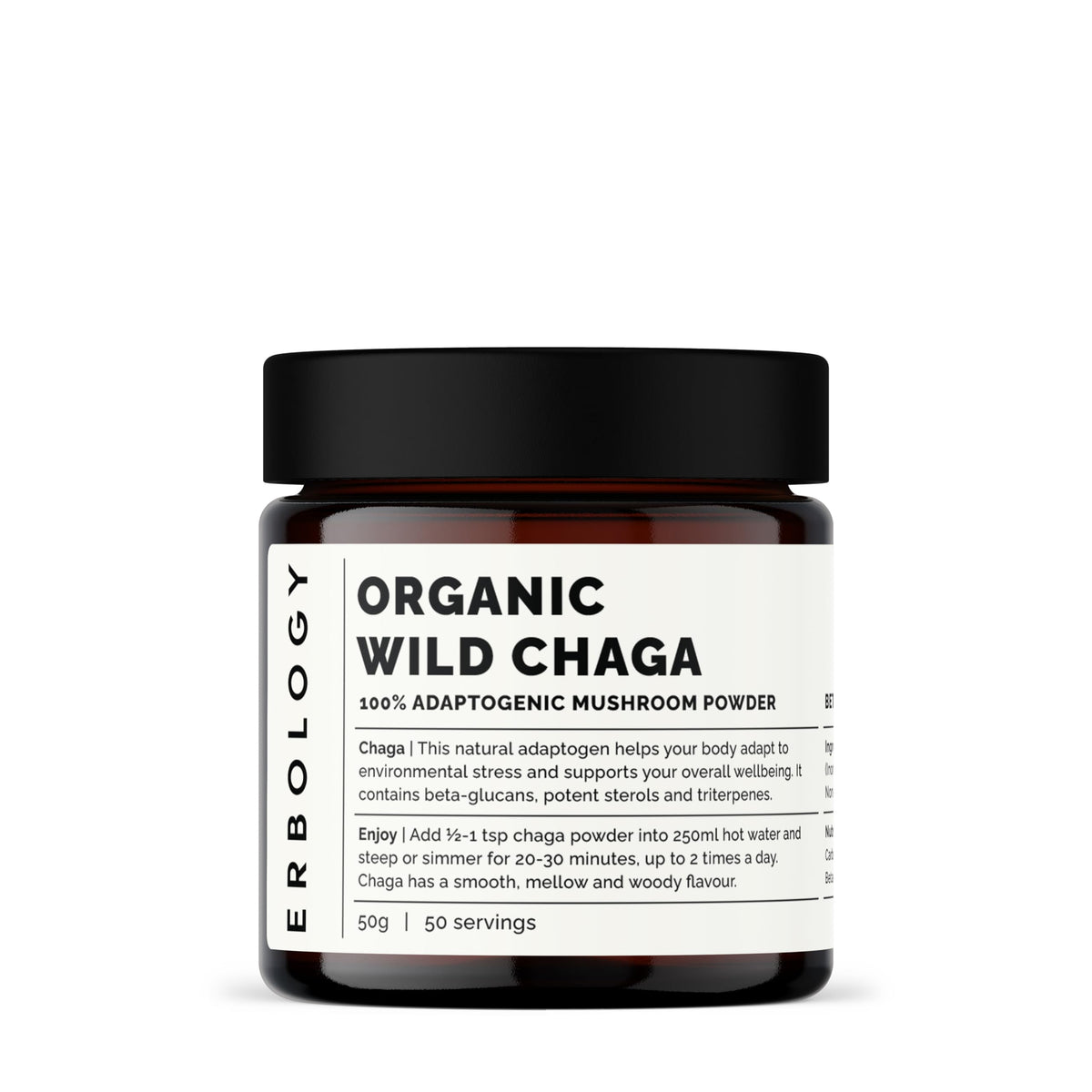 Erbology Organic Chaga Mushroom Powder in amber glass jar