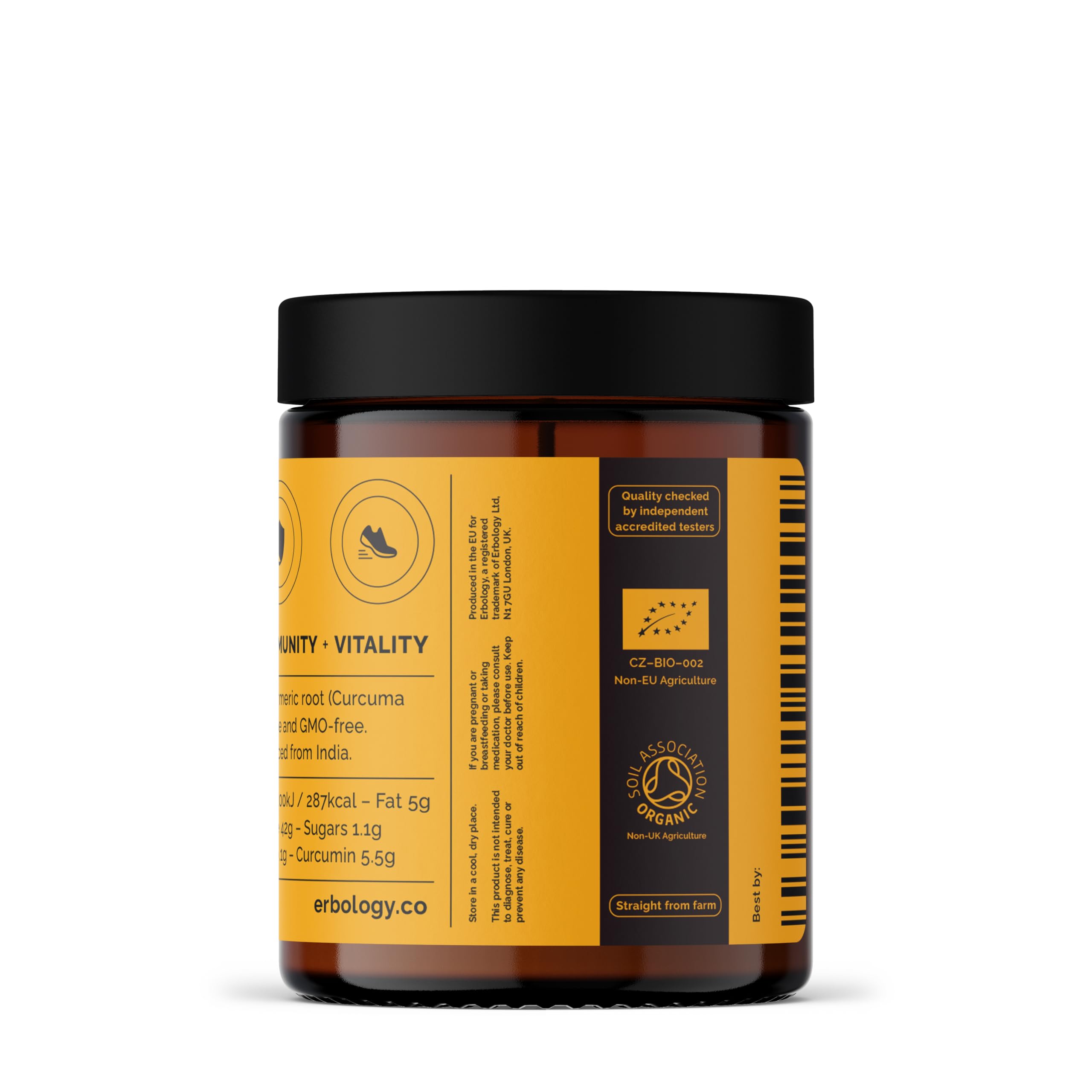 Vegan and non-GMO icons for Erbology turmeric