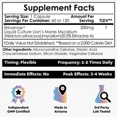 Detail showing Erinacine A 2.5mg in the formula