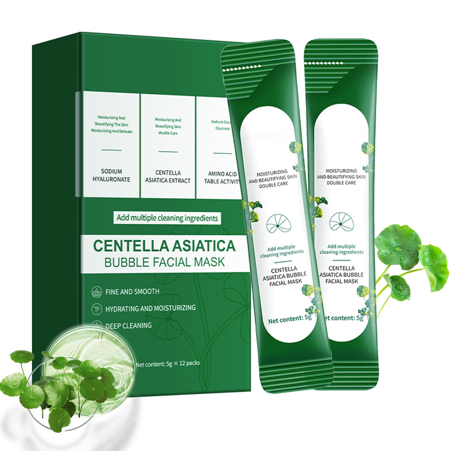 ERRECI Centella Asiatica Bubble Mask packaging with travel-friendly sachets for on-the-go skincare.