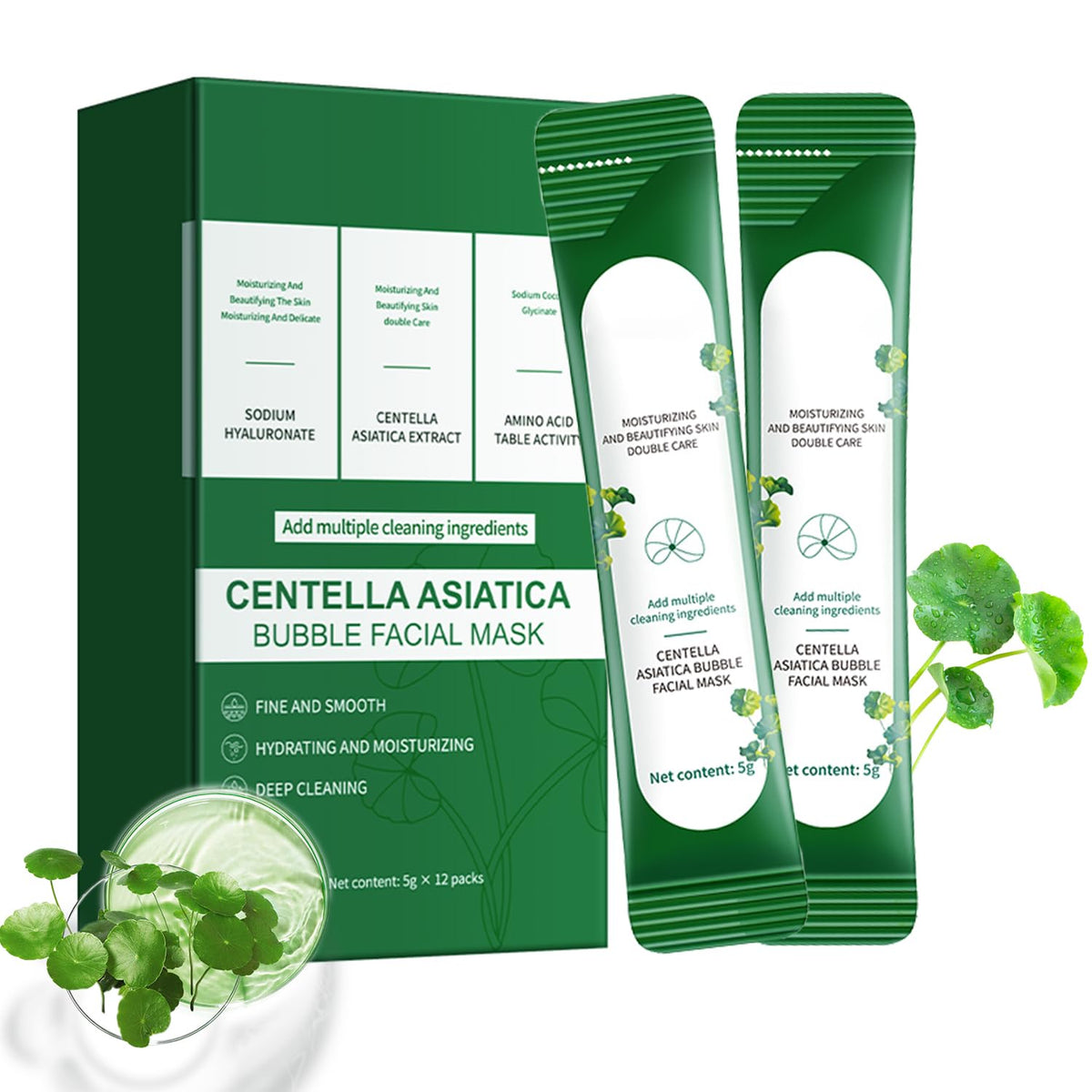 ERRECI Centella Asiatica Bubble Mask packaging with travel-friendly sachets for on-the-go skincare.