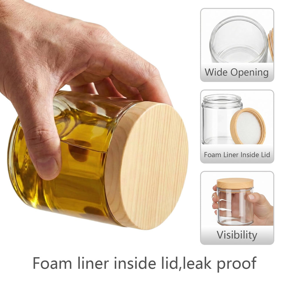 Woodgrain lid secures glass jar for reusable storage.