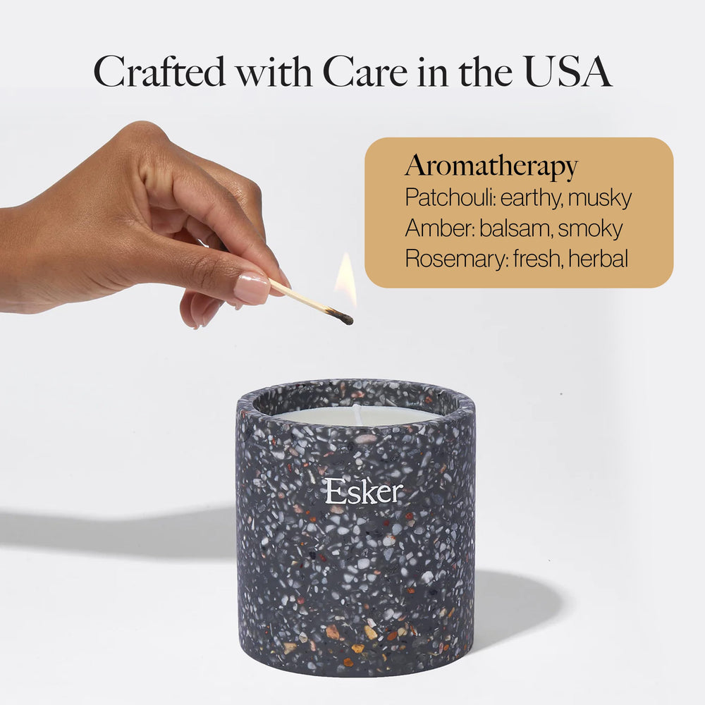 ESKER Travertine candle in ceramic planter highlights zero-waste design