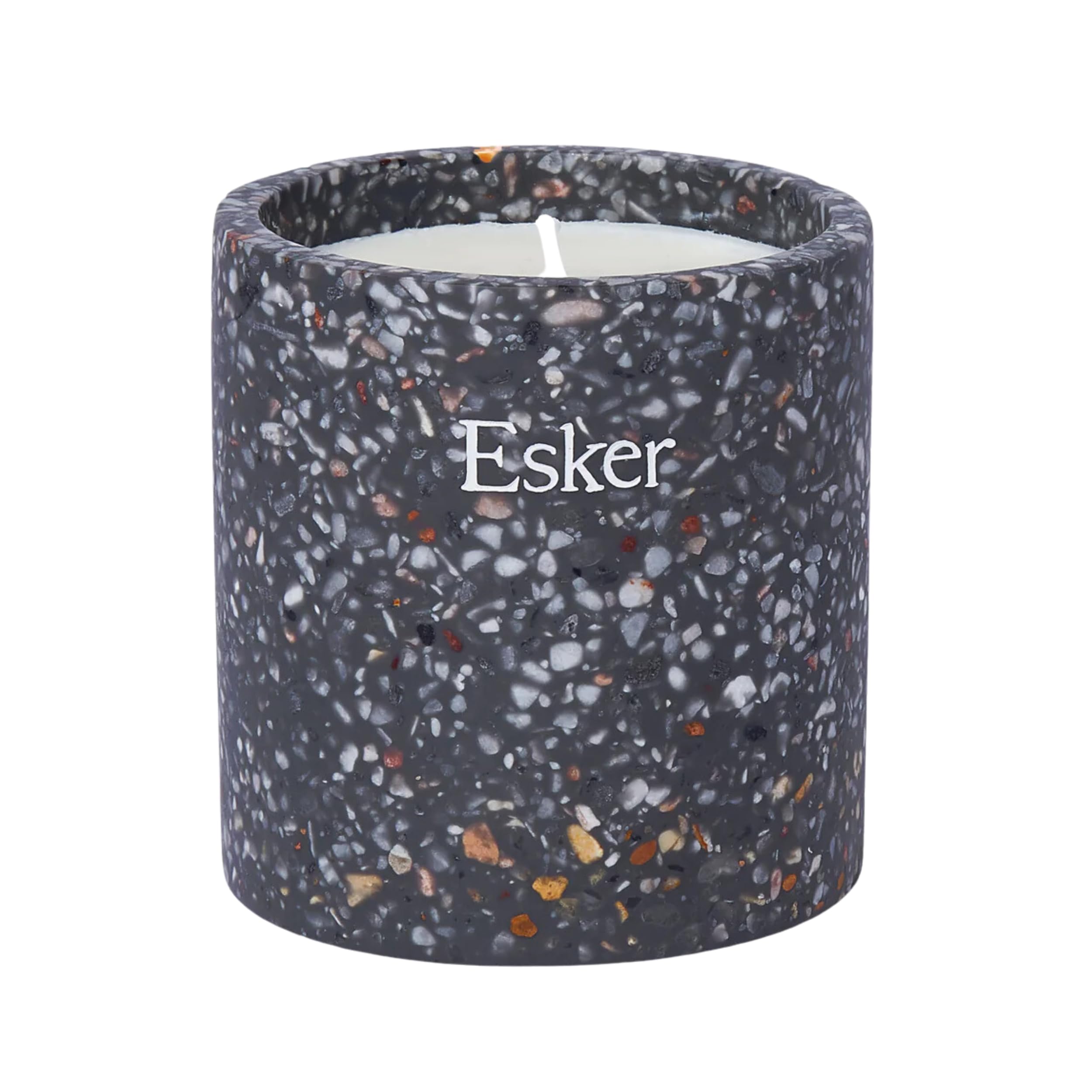 ESKER Travertine candle close-up with hand-poured soy wax for calming ambience