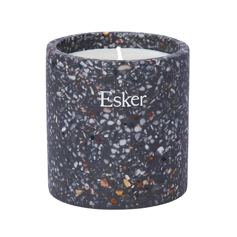 ESKER Travertine candle close-up with hand-poured soy wax for calming ambience