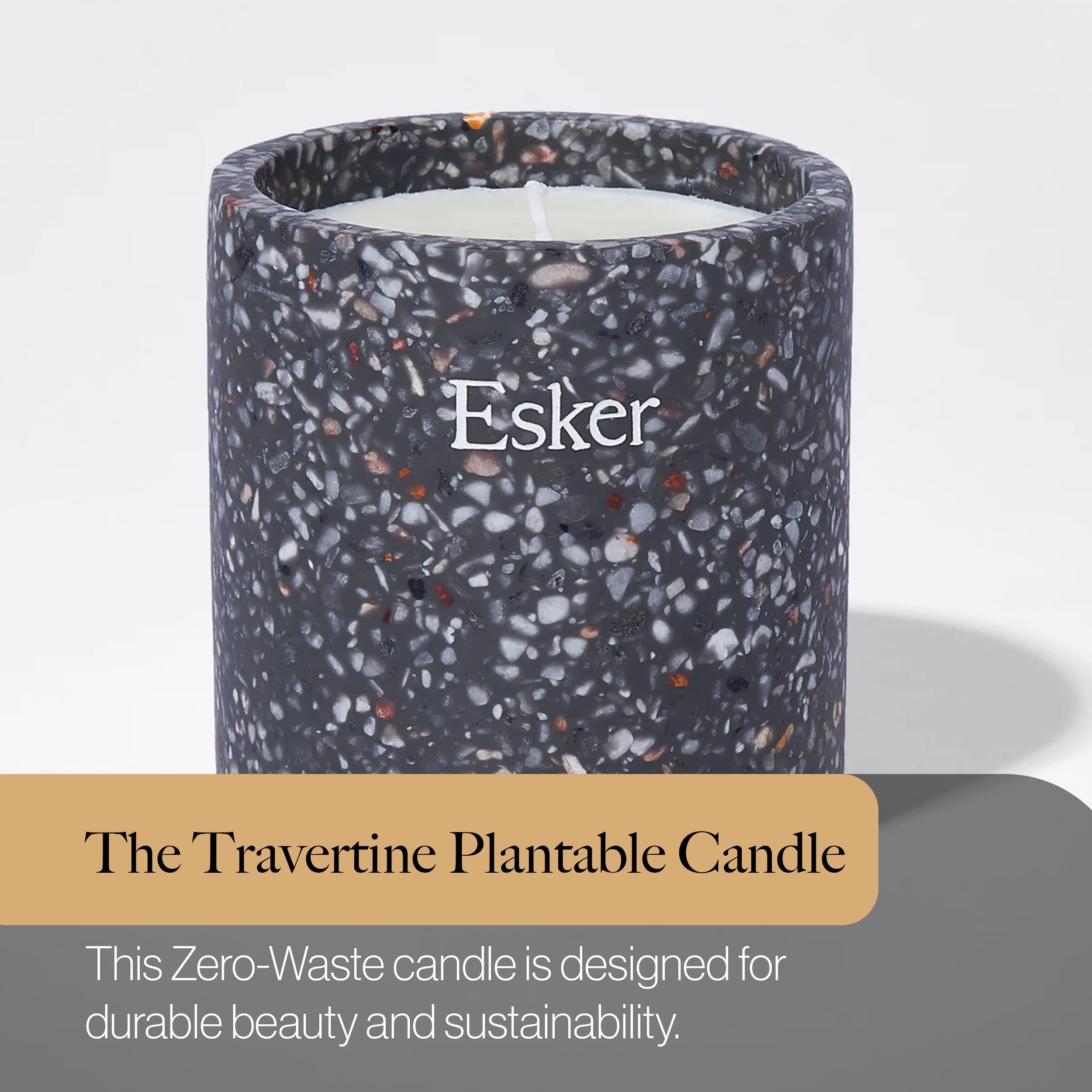 ESKER Travertine candle seed paper detail shows herb seed gifting option