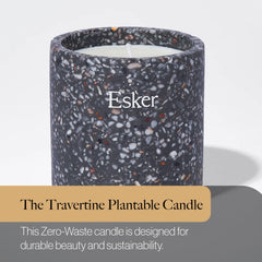ESKER Travertine candle seed paper detail shows herb seed gifting option