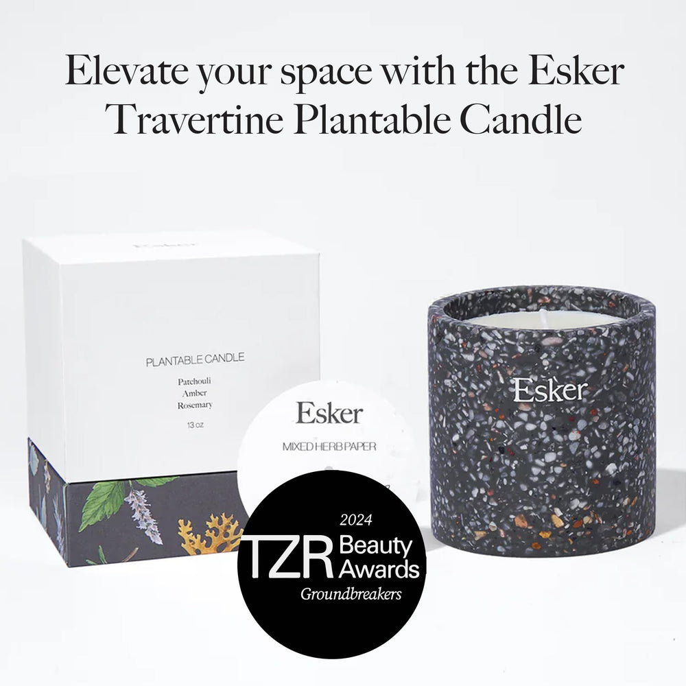 ESKER Travertine candle woodsy aroma in ceramic pot for cozy décor