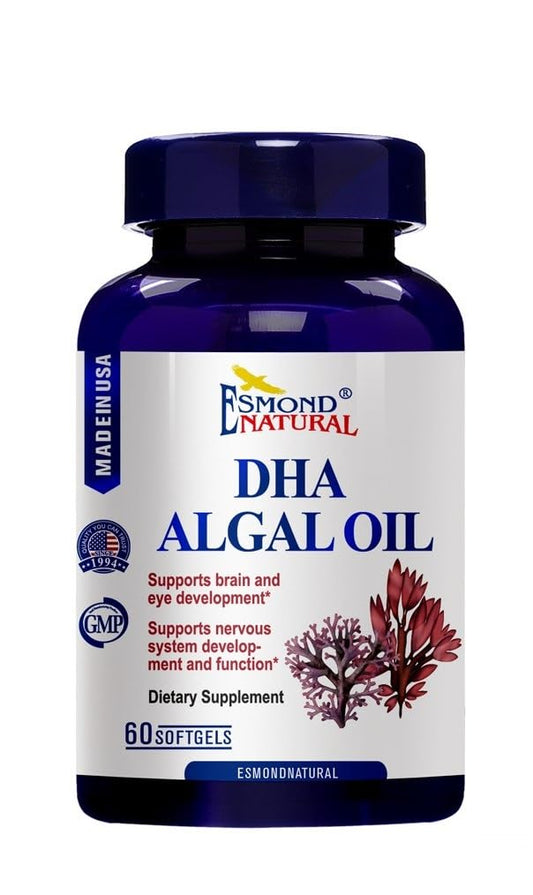 Esmond Natural DHA Algal Oil bottle label showing 500mg per softgel