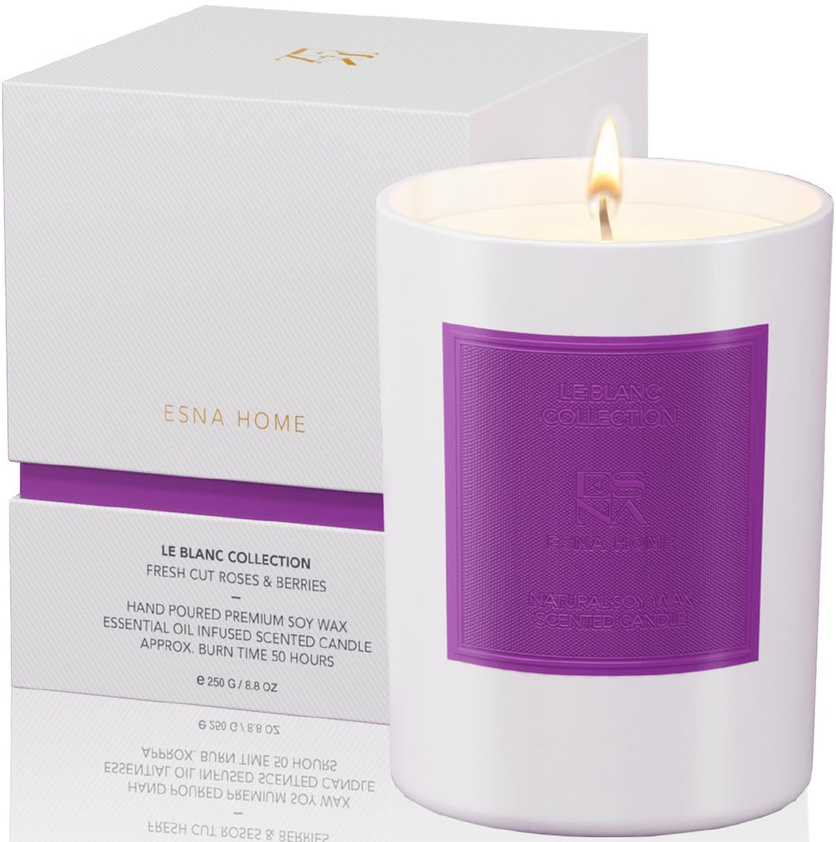 ESNA HOME aromatherapy lavender candle lit for relaxing ambiance and mood support