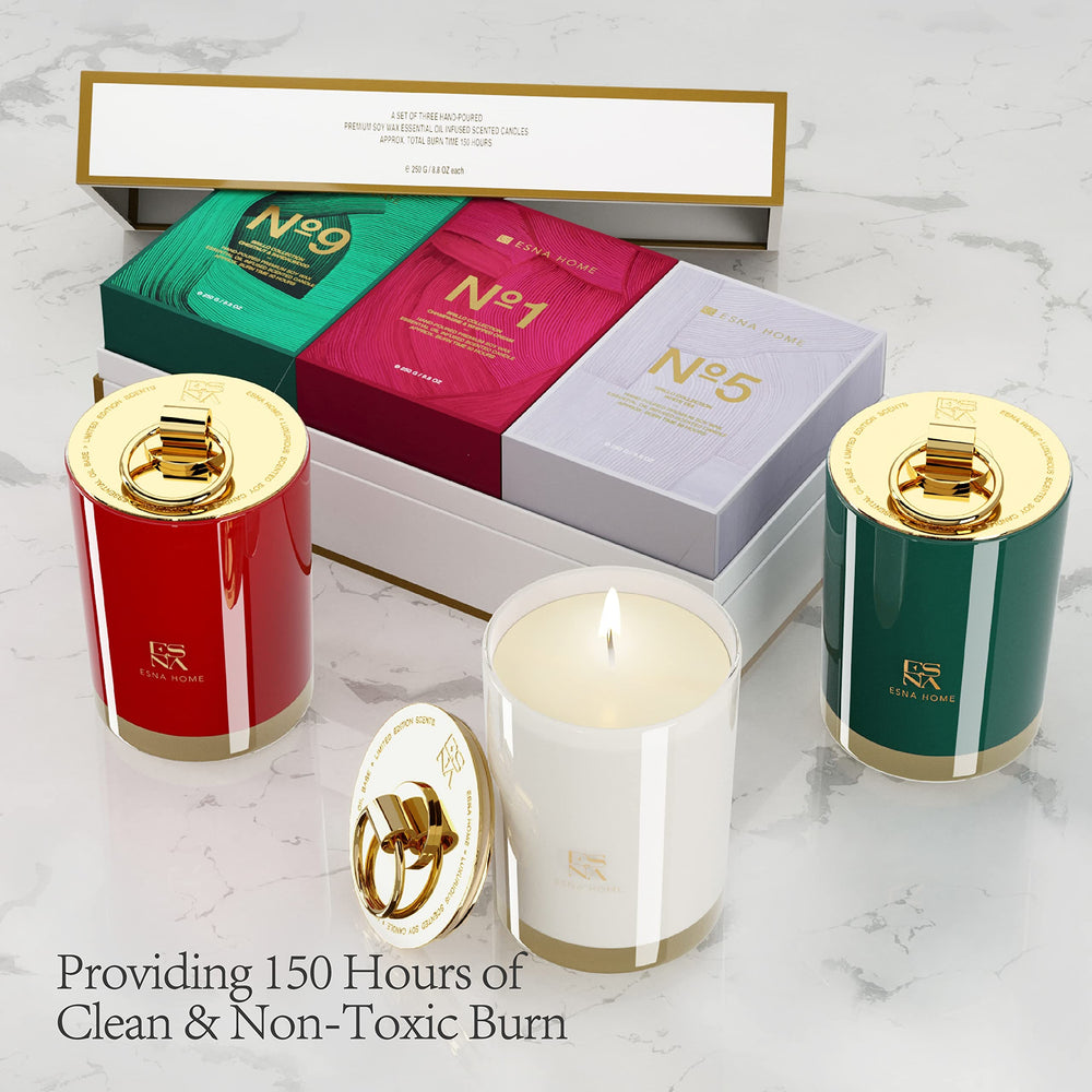 ESNA HOME candle jar back-labels with care directions and scent notes.