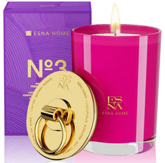 ESNA HOME lavender aromatherapy soy candle; close-up of wax and wick signaling clean burn