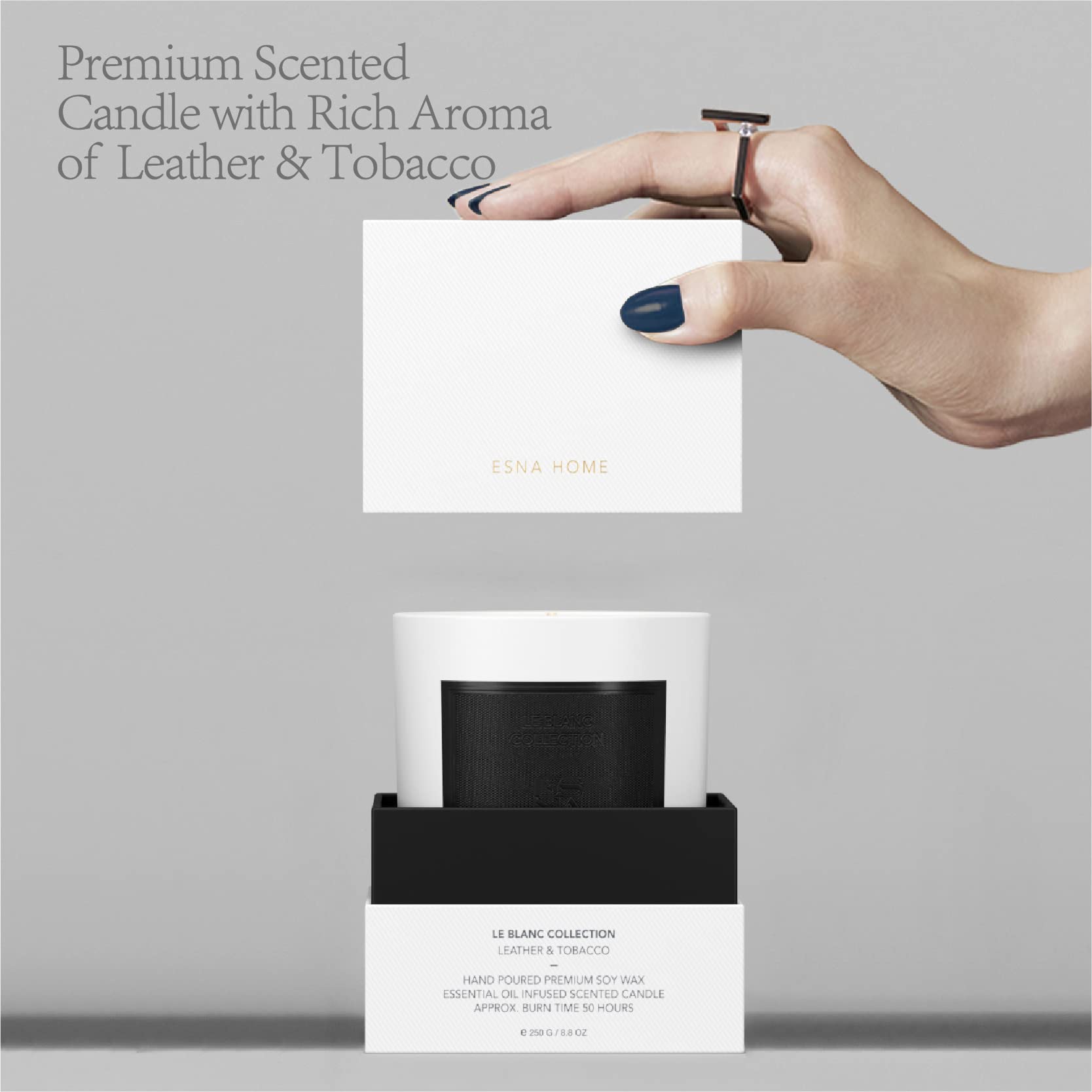 ESNA HOME lavender candle gift packaging conveys premium home gift idea.