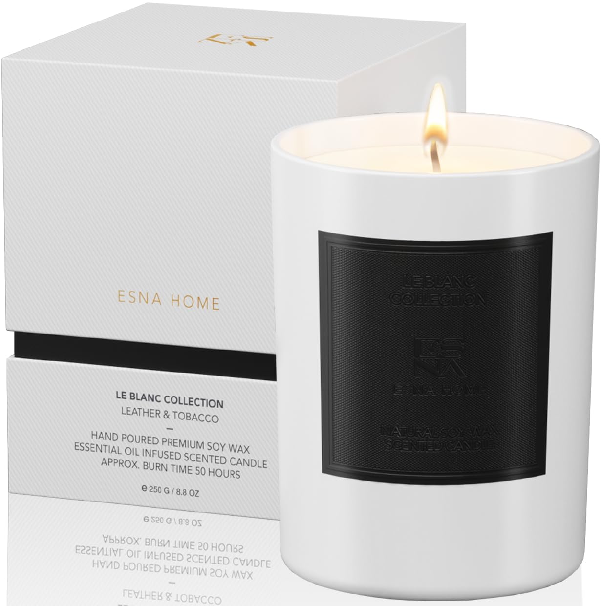 ESNA HOME lavender candle label closeup highlights premium, calming fragrance.
