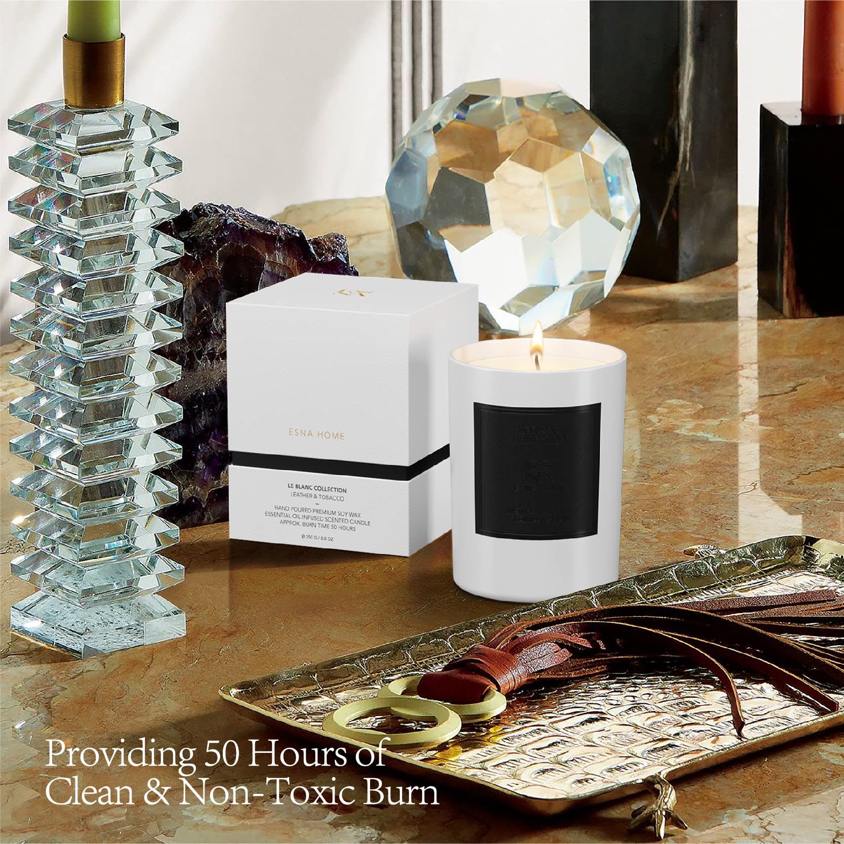 ESNA HOME lavender candle on office desk adds subtle scent.