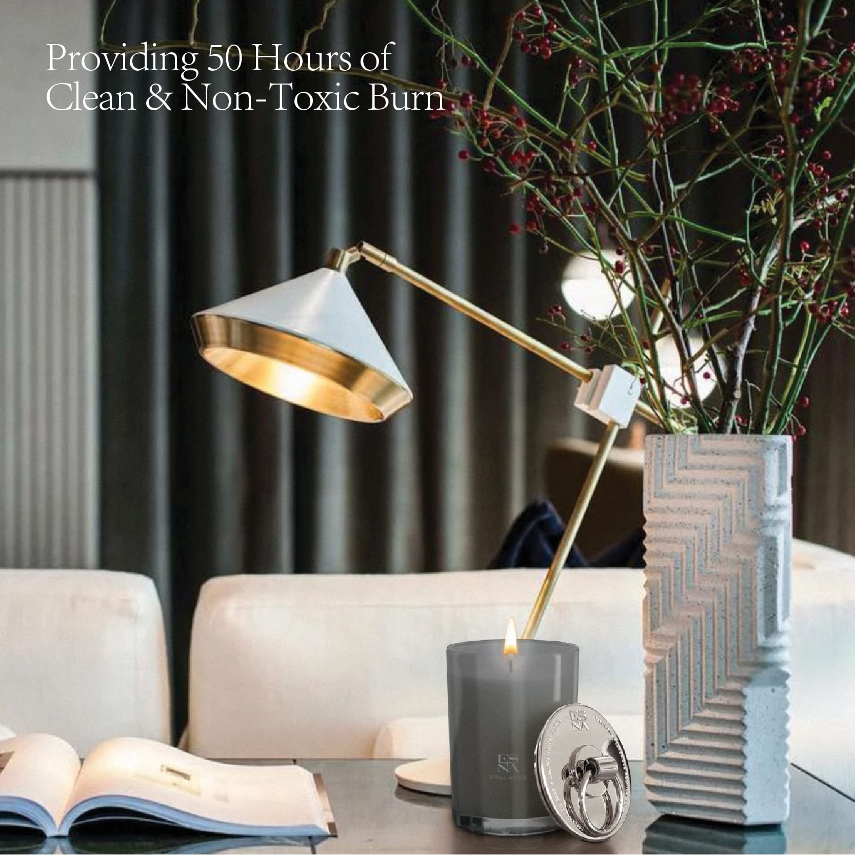 ESNA HOME luxury candle with holiday decor for seasonal charm.