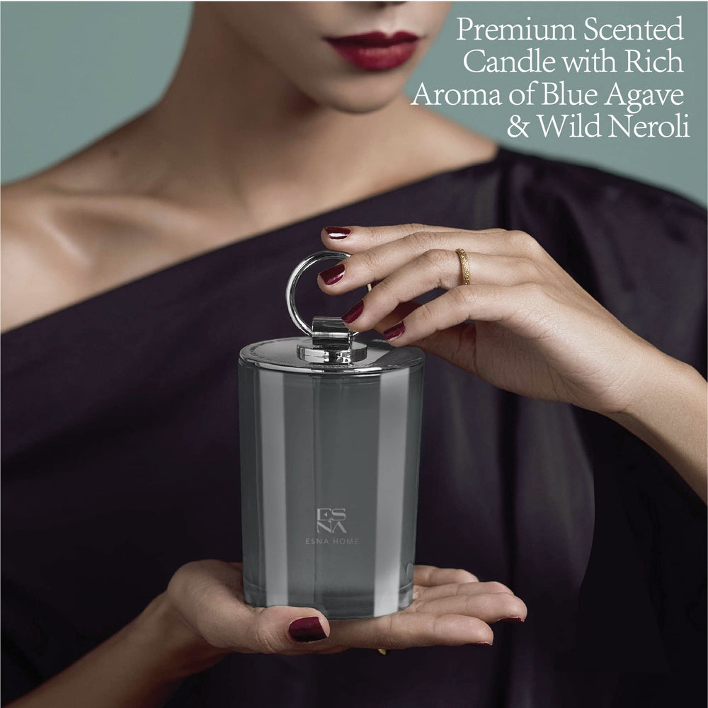 ESNA HOME candle in living room adds inviting ambience.