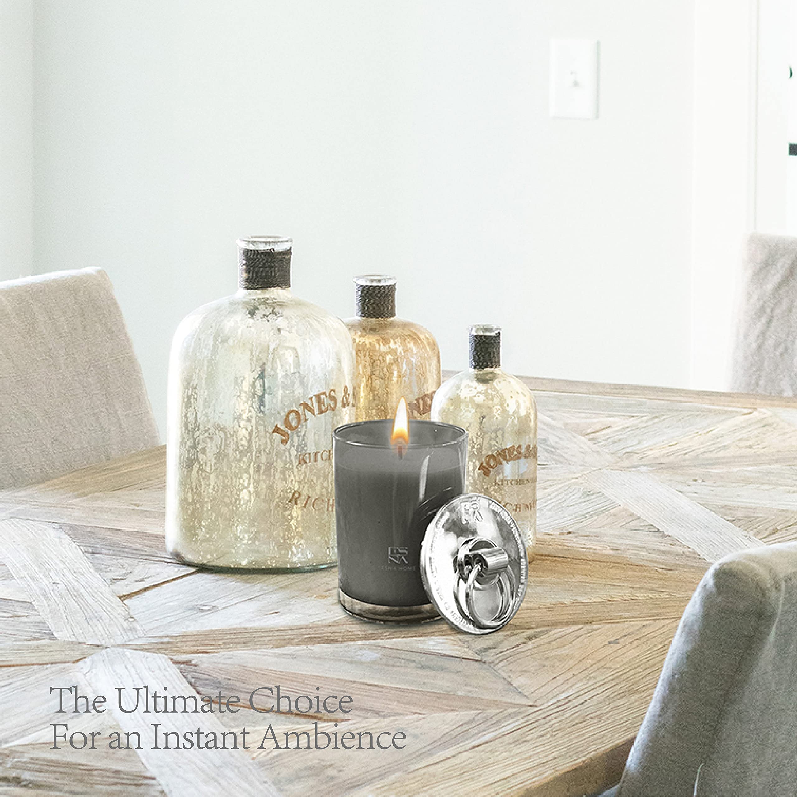 ESNA HOME candle on a shelf adds elegant decor touch.