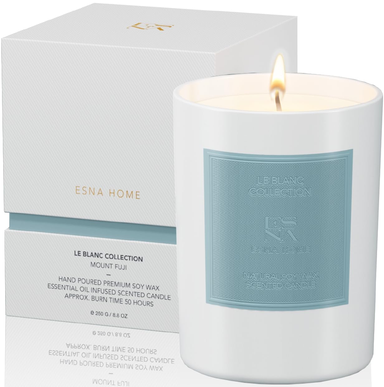 ESNA HOME luxury scented candle close up with elegant label for premium fragrance ambiance