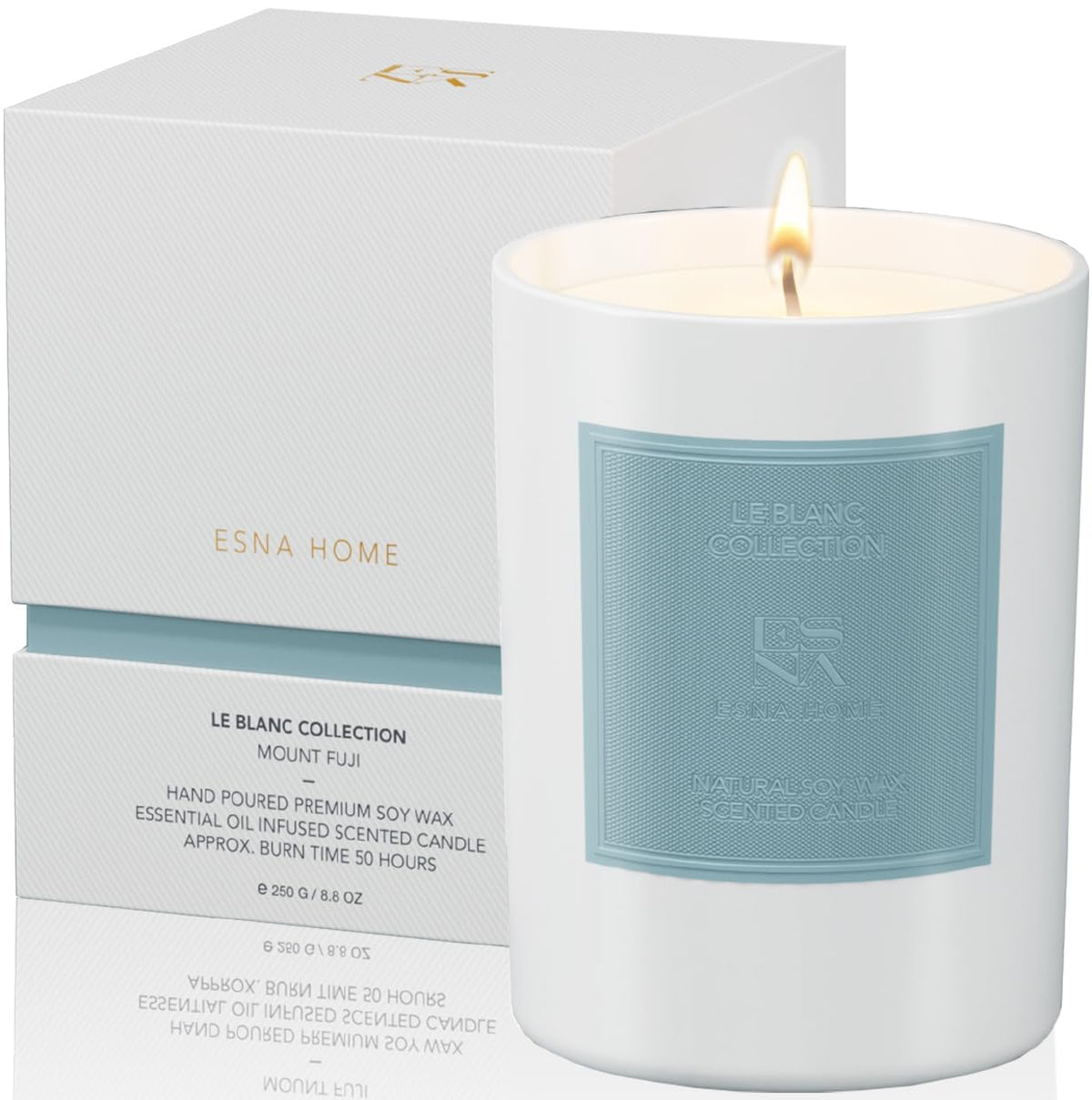 ESNA HOME luxury scented candle close up with elegant label for premium fragrance ambiance