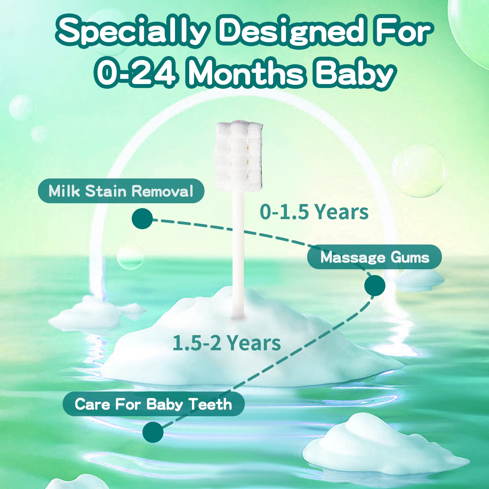 Gauze-based cleaning head for baby toothbrushes in green