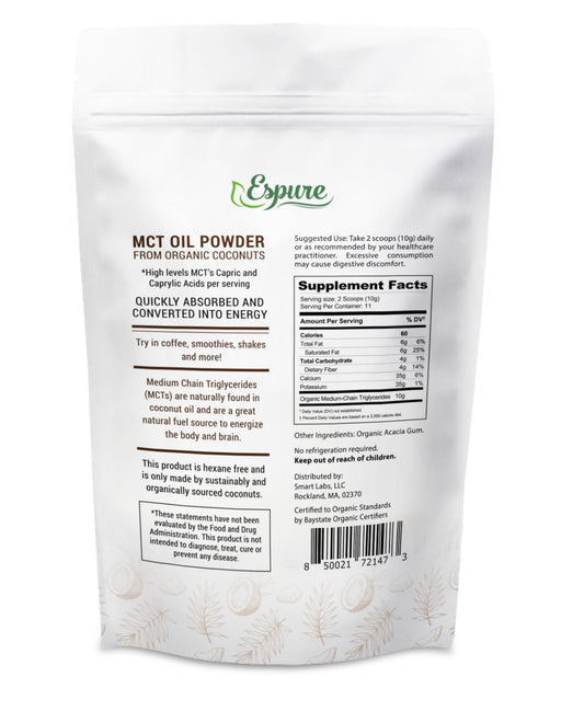 USDA Certified Organic MCT Powder label highlighting Acacia Fiber