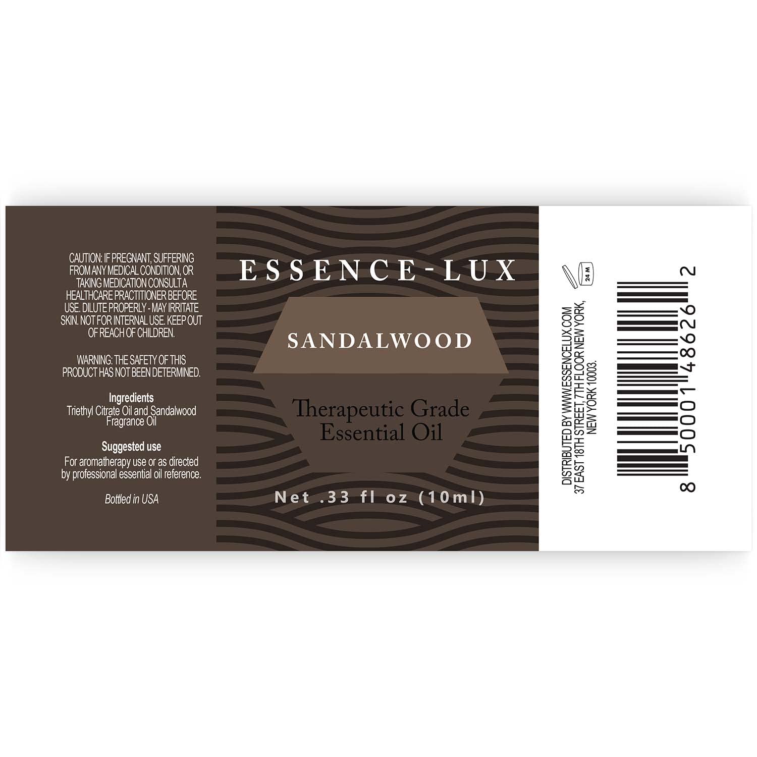 Sandalwood essential oil shown ready for diffuser, shower, or bath use