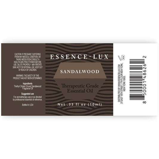 Sandalwood essential oil shown ready for diffuser, shower, or bath use