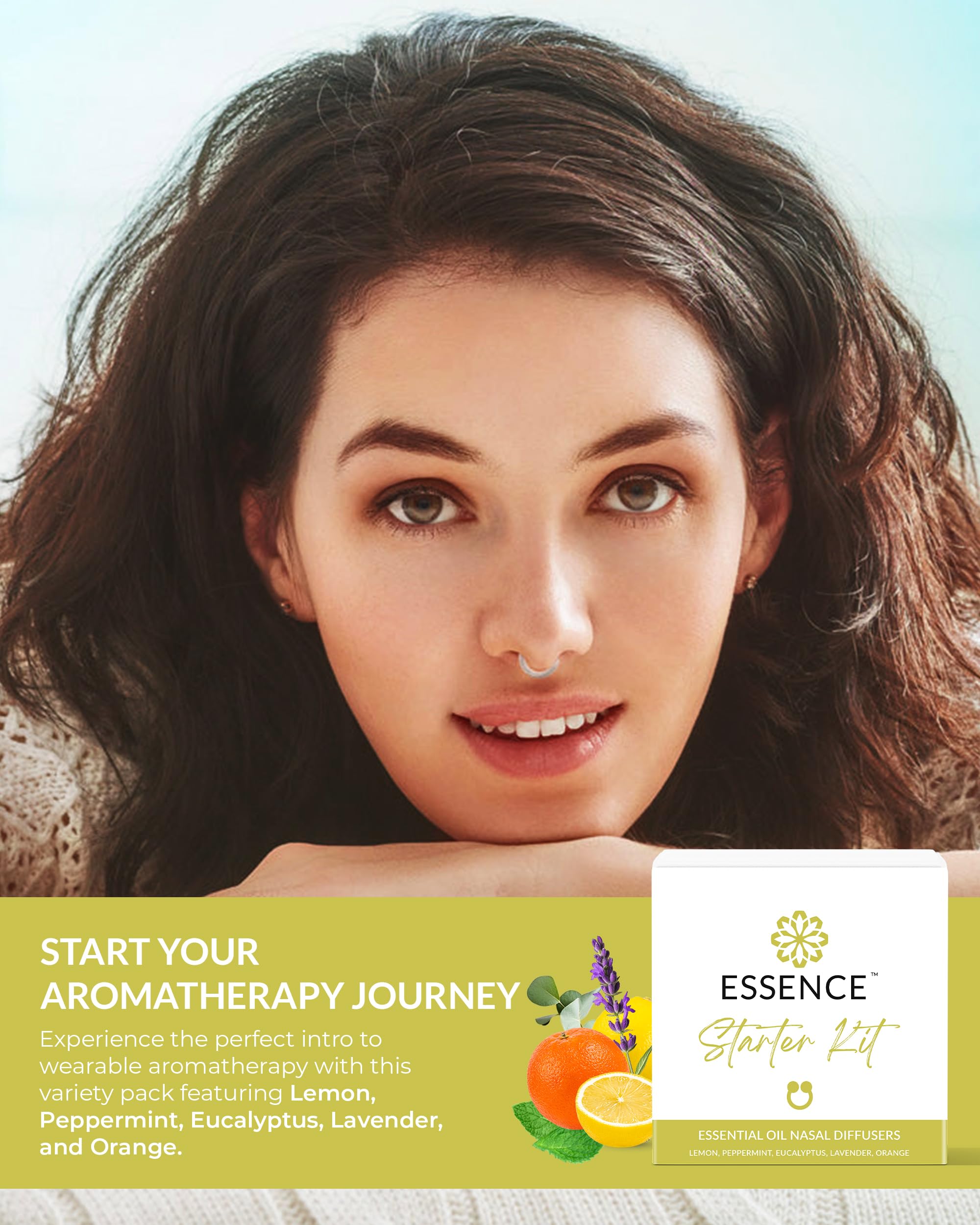 Close-up of Essence Starter Kit showing five essential oil blends