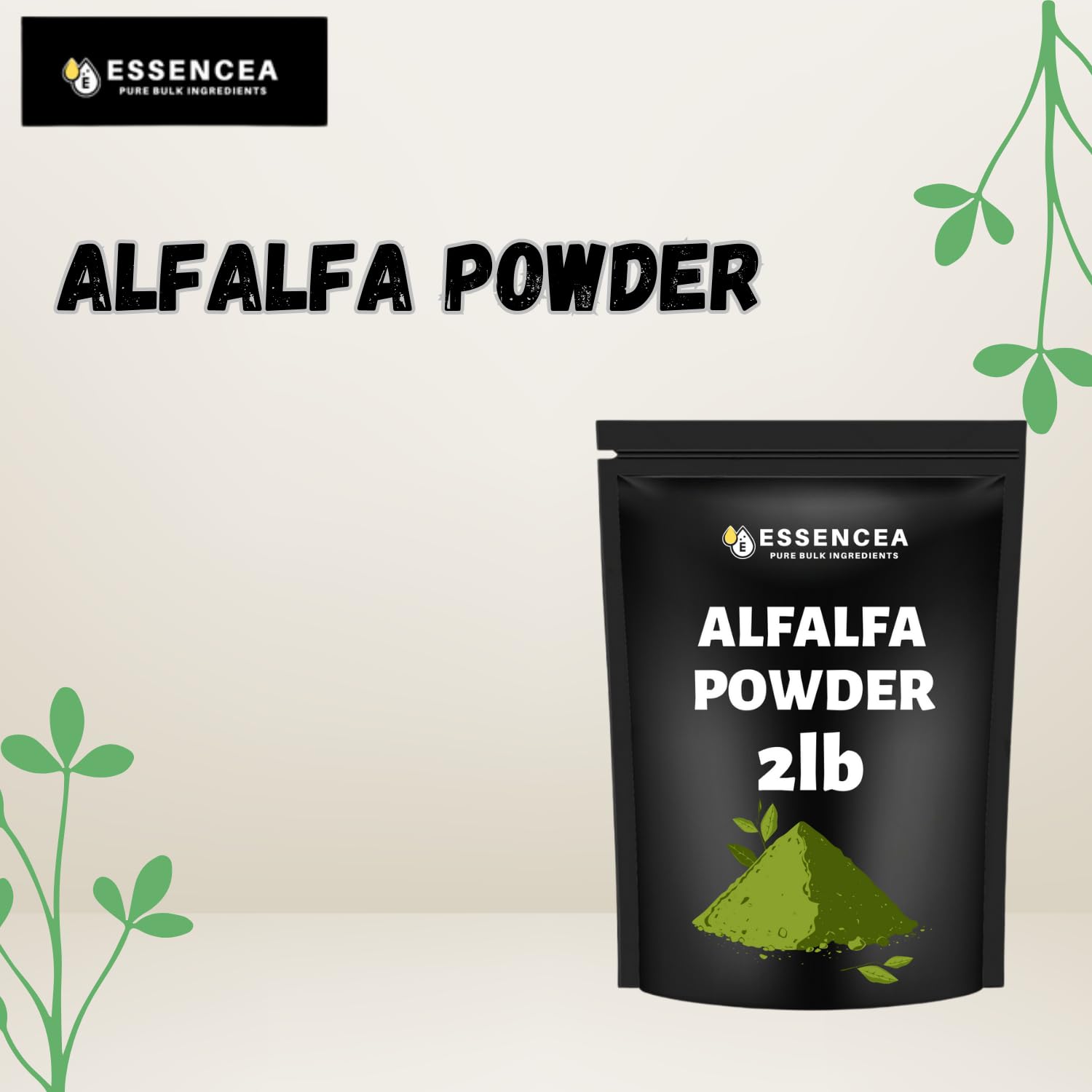 Close-up of Essencea Alfalfa Powder 2 lb product label